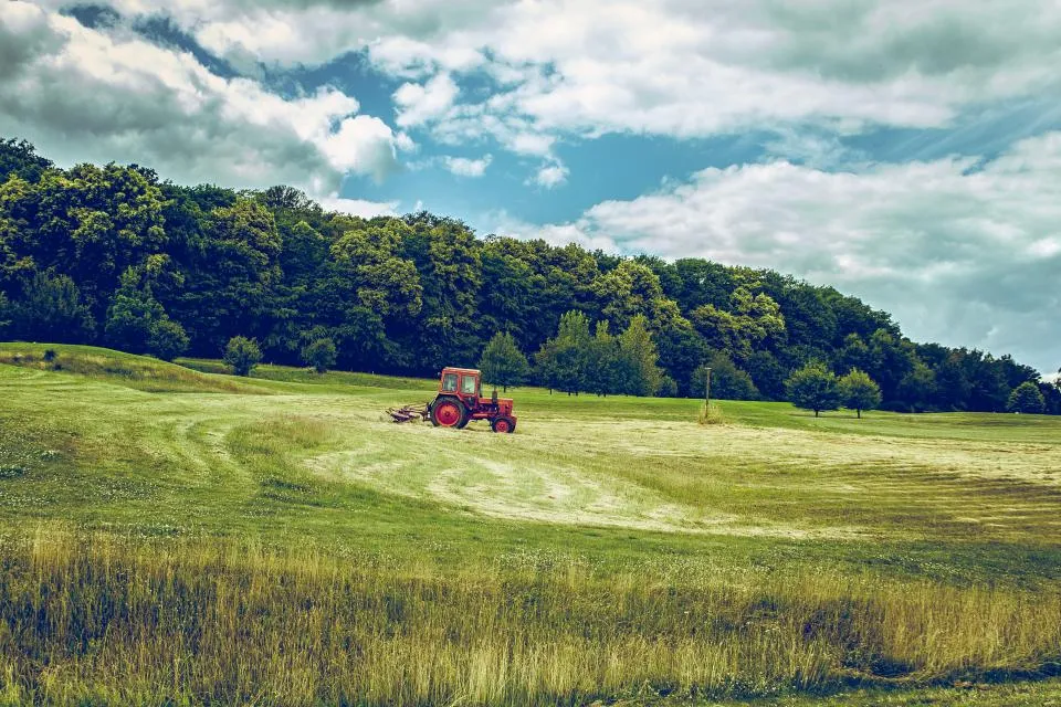 Red tractor cutting a green field below a wooded hillside
